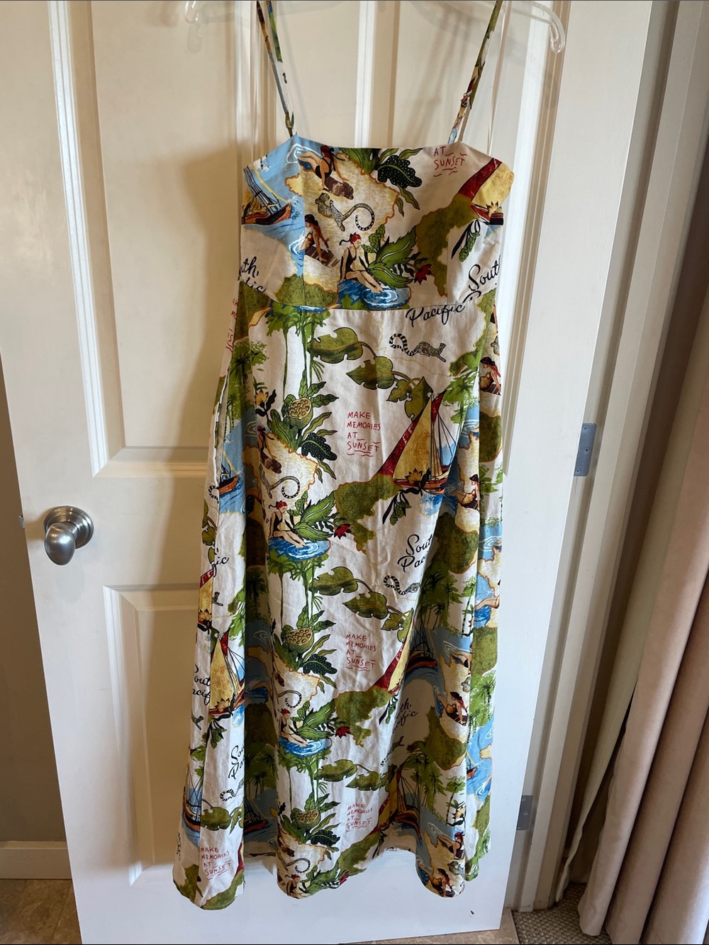 C&C California Linen Blend Maxi Dress with Green & Blue Tropical Sail Print